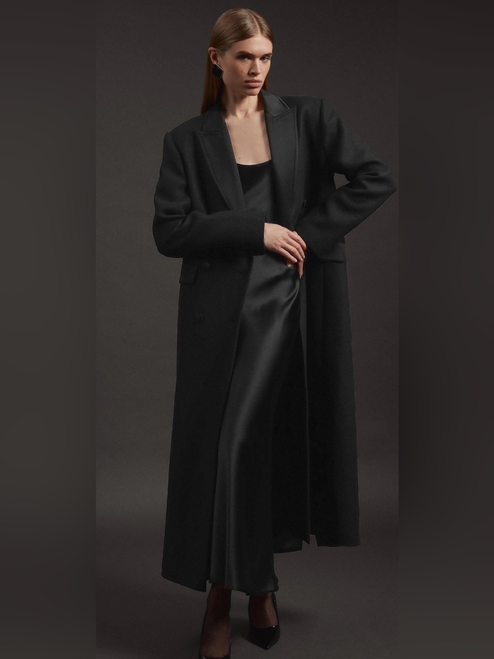 LikeNewKaren Millen Black Long Double-Breasted Premium Italian Manteco Wool Coat - Picture 2 of 3